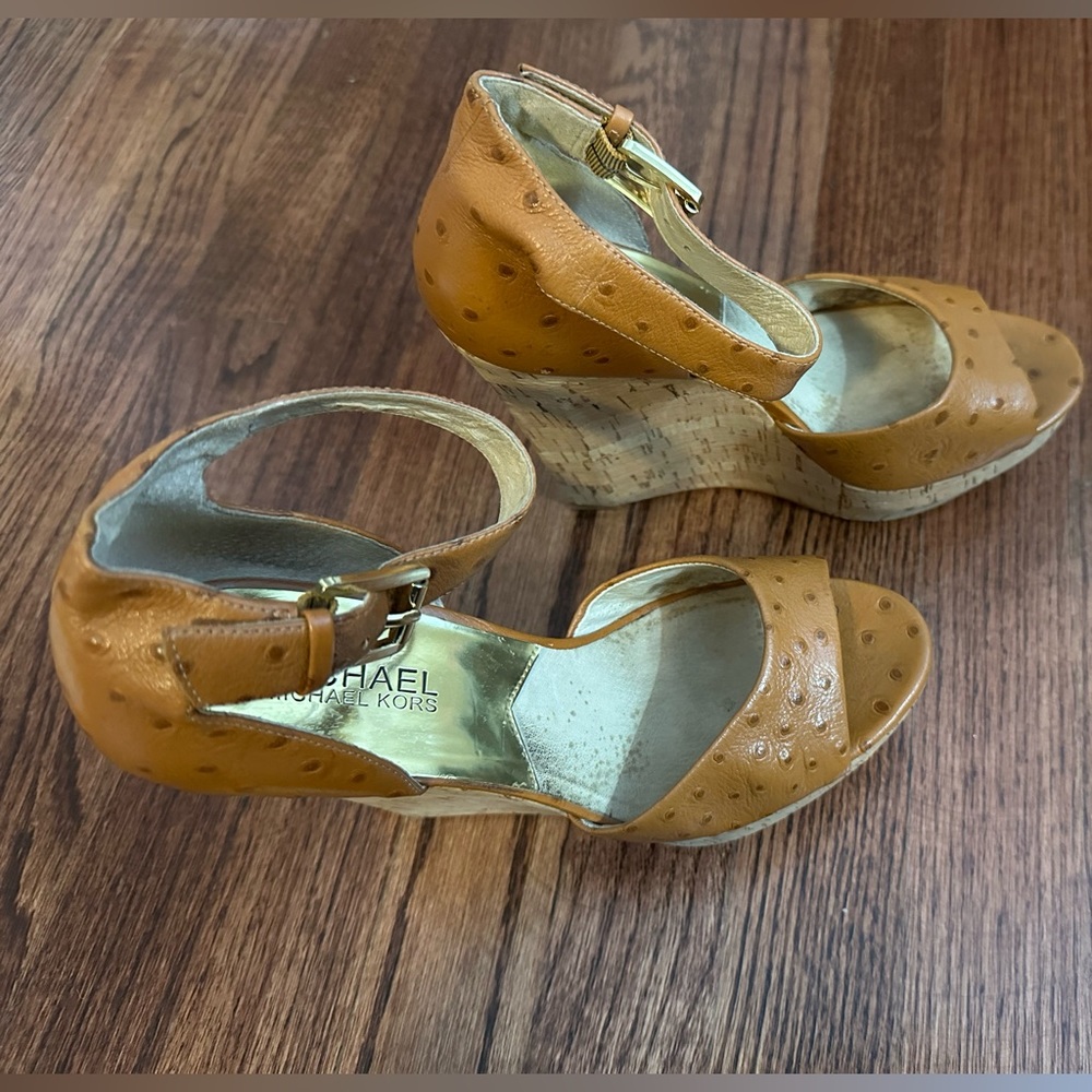 MICHAEL Michael Kors Ariana ostrich affect wedges.